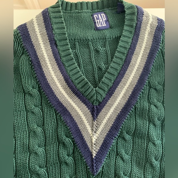 Gap Vintage Green Cable Knit Tennis Cricket Sweater V-neck 90s Oversized Fit - Picture 6 of 12